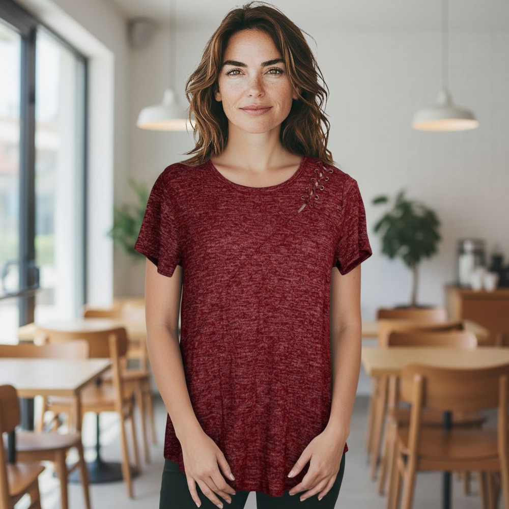 Hollister Must Have Collection Maroon Heathered Lace Up Shoulder Tee Size M